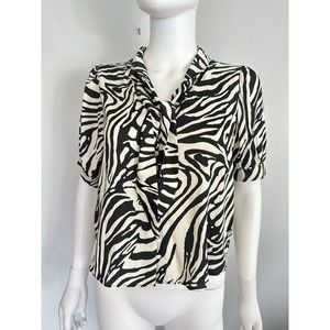 NEW Jones New York  Size XS Short Sleeve Button Up Blouse Zebra Print Tie Neck